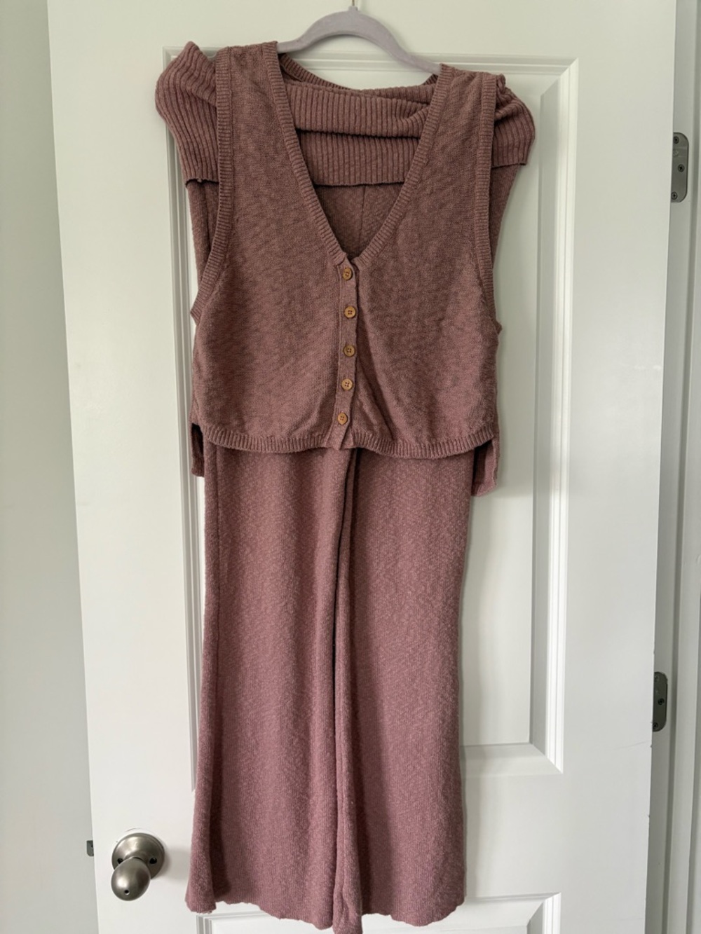 Soft Knit Mauve Two-Piece Pantsuit with Button Vest